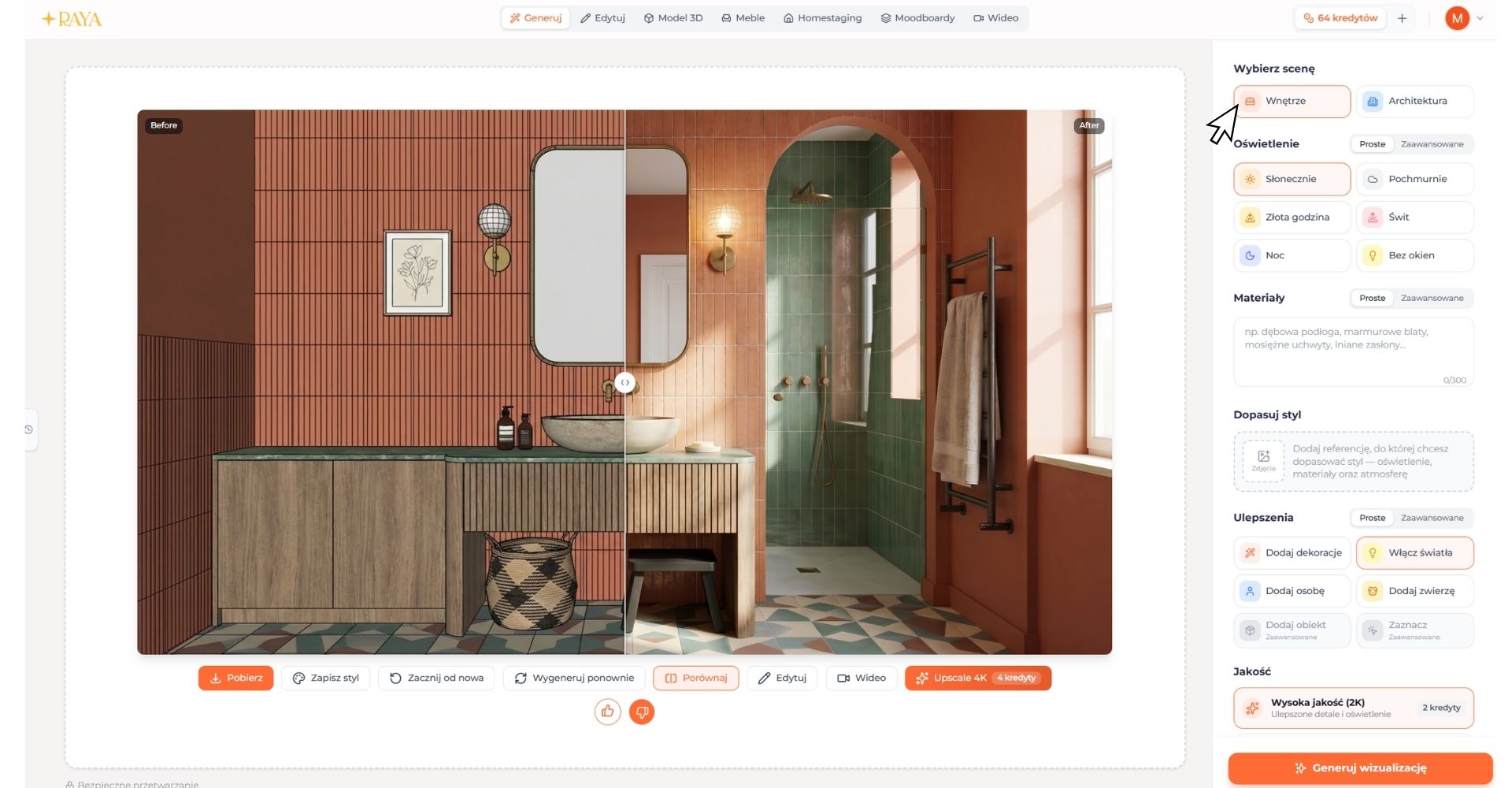 panel generowania wizualizacji w RAYA - model 3D i fotorealistyczny render łazienki przed i po