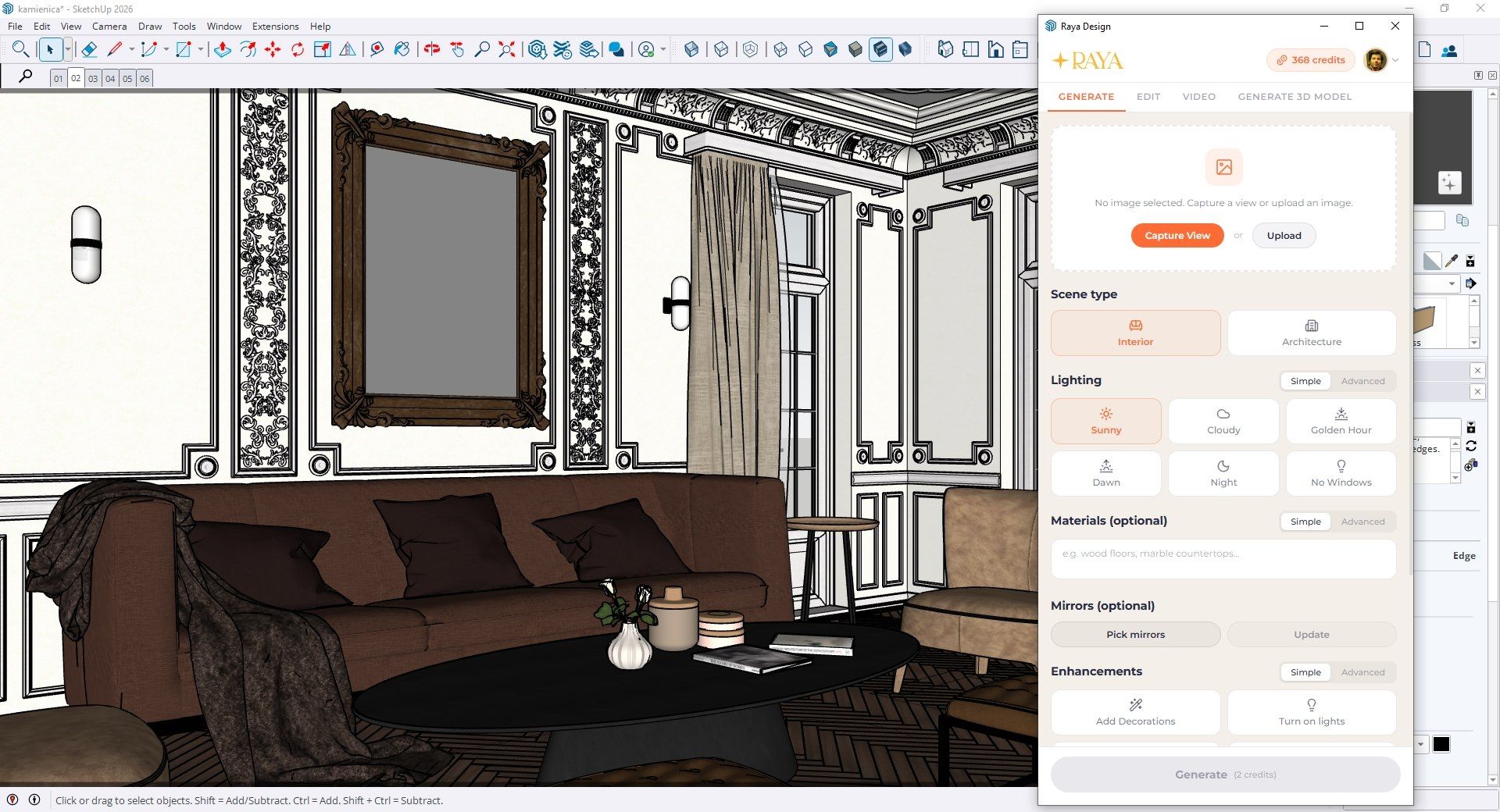 Die Benutzeroberfläche des Raya-Plugins für SketchUp
