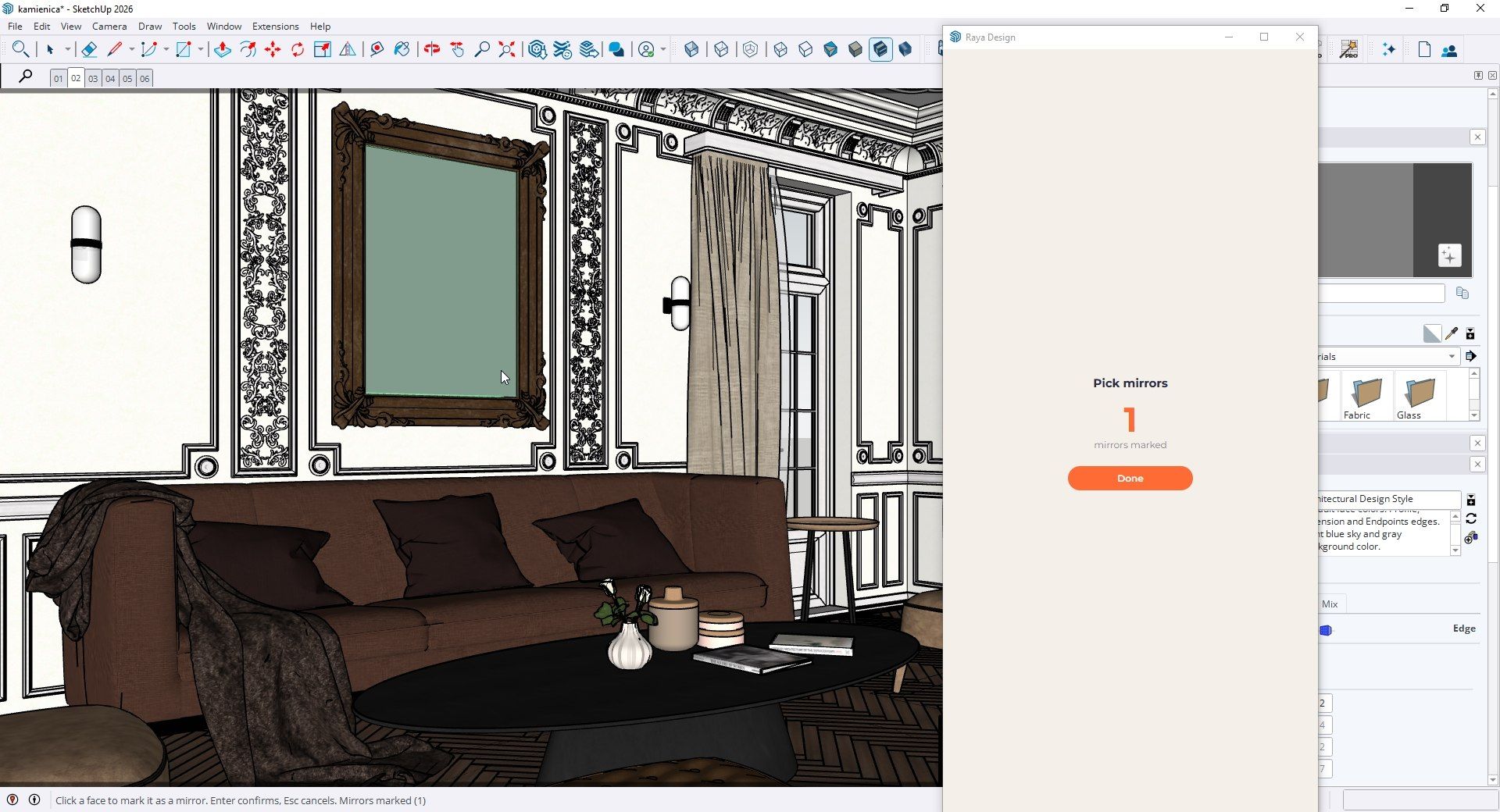Die Benutzeroberfläche des Raya-Plugins für SketchUp - Generieren von Spiegeln für die KI