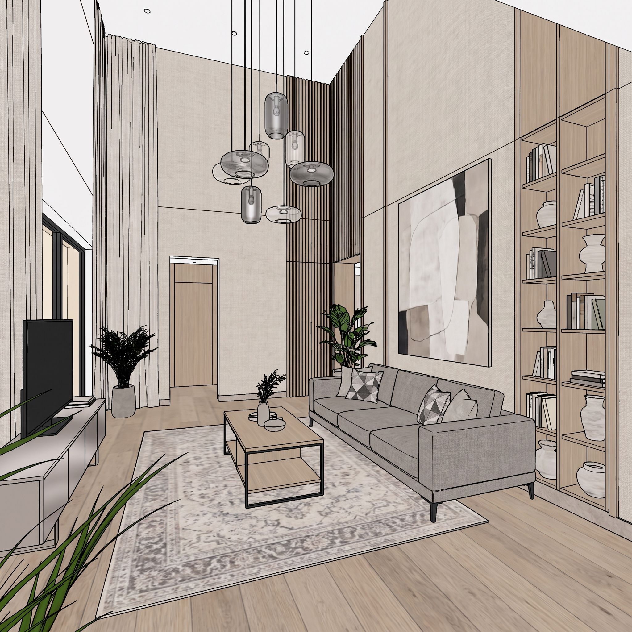 Widok wysokiego salonu w SketchUpie z dodatkowymi, nieusuniętymi liniami pomocniczymi