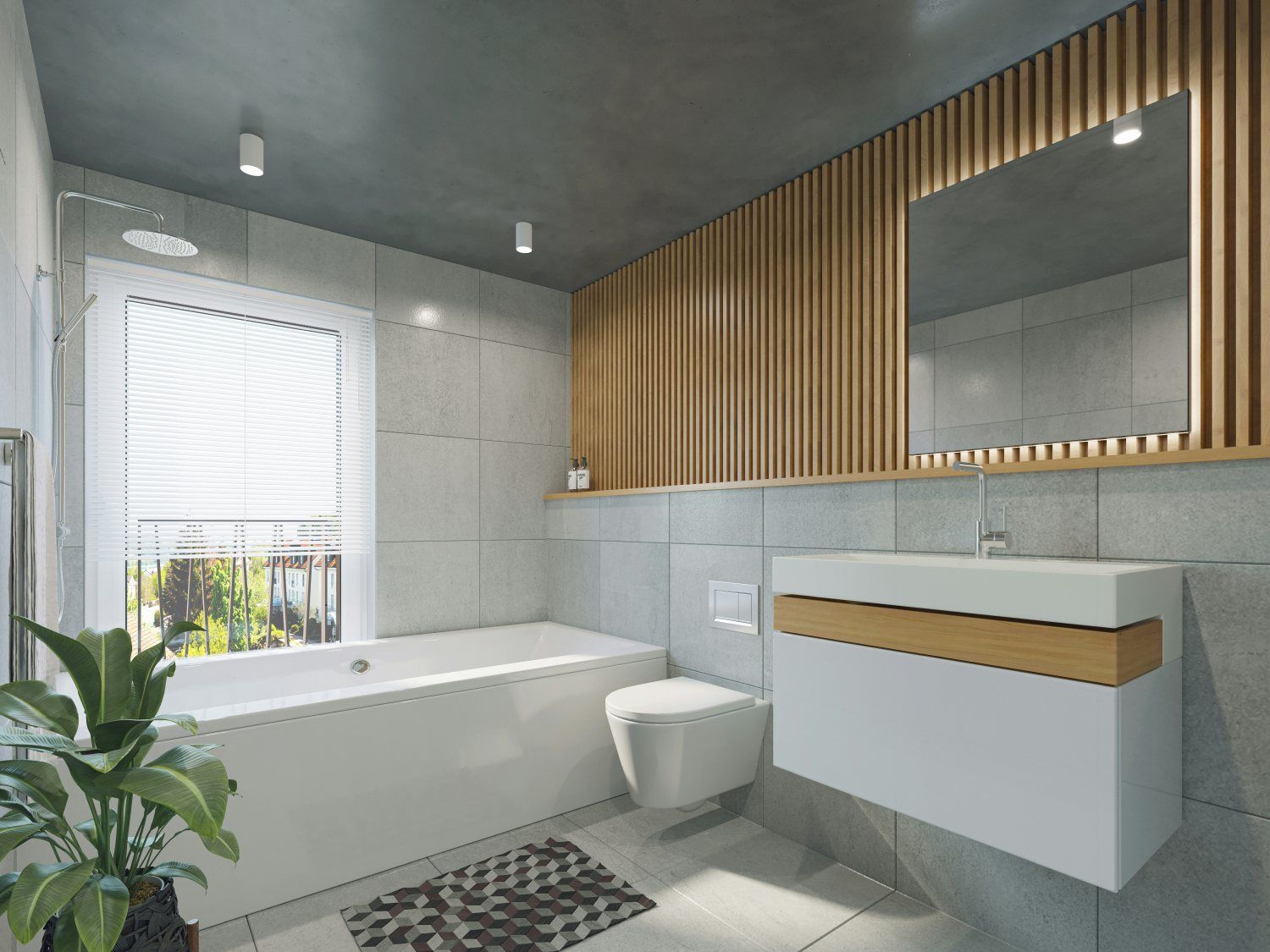 Mal ejemplo para generar modelos 3D a partir de una foto: visualización de un baño con bañera, lavabo y lamas — toda una escena en lugar de un solo mueble