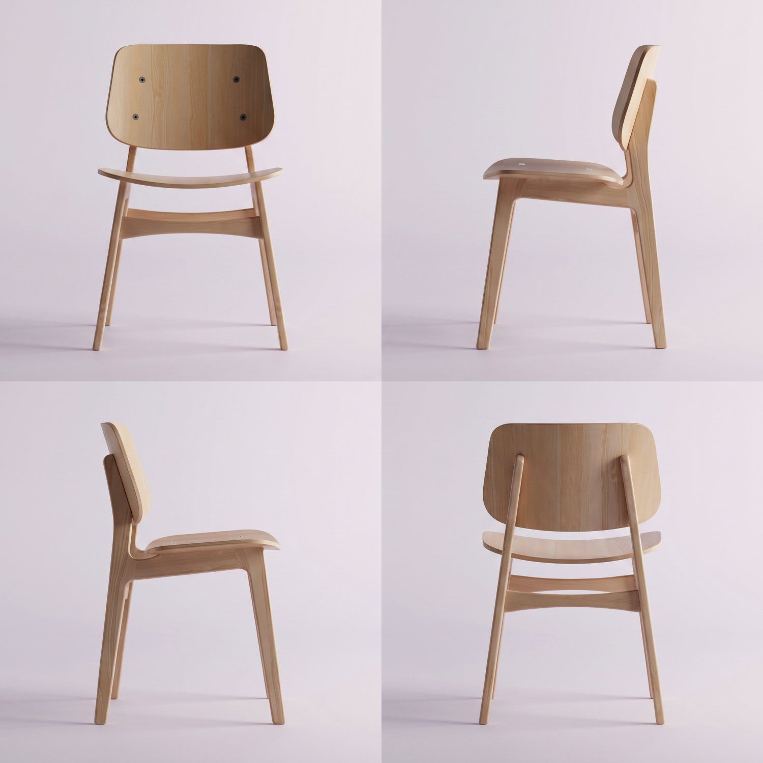 Silla de madera en cuatro tomas coherentes: frente, ambos lados y atrás