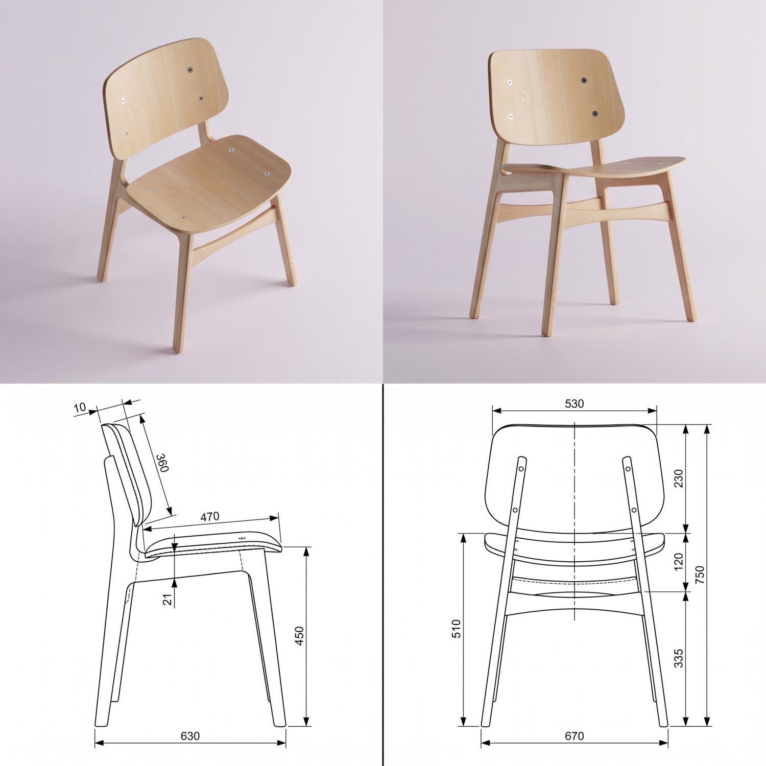 Mal ejemplo de fotos para generar modelos 3D a partir de una foto: fotos de una silla combinadas con dibujos técnicos y medidas en milímetros