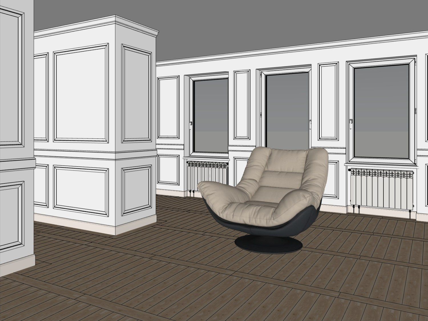 Modelo en bruto de un interior en SketchUp: sillón, molduras y suelo de madera