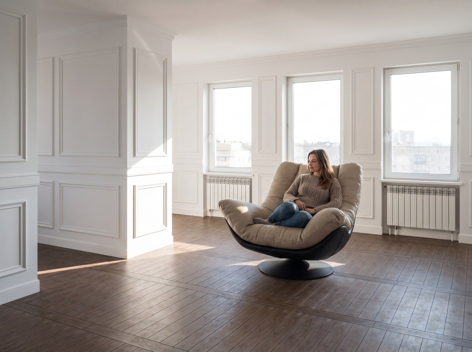 Visualización fotorrealista con IA de ese interior con una mujer sentada en el sillón