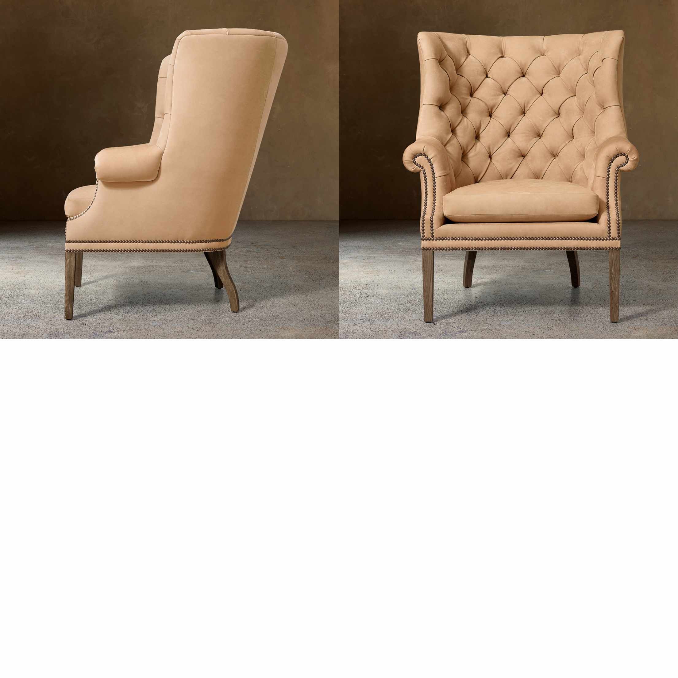 Sillón orejero beige acolchado en dos fotos — vista lateral y frontal