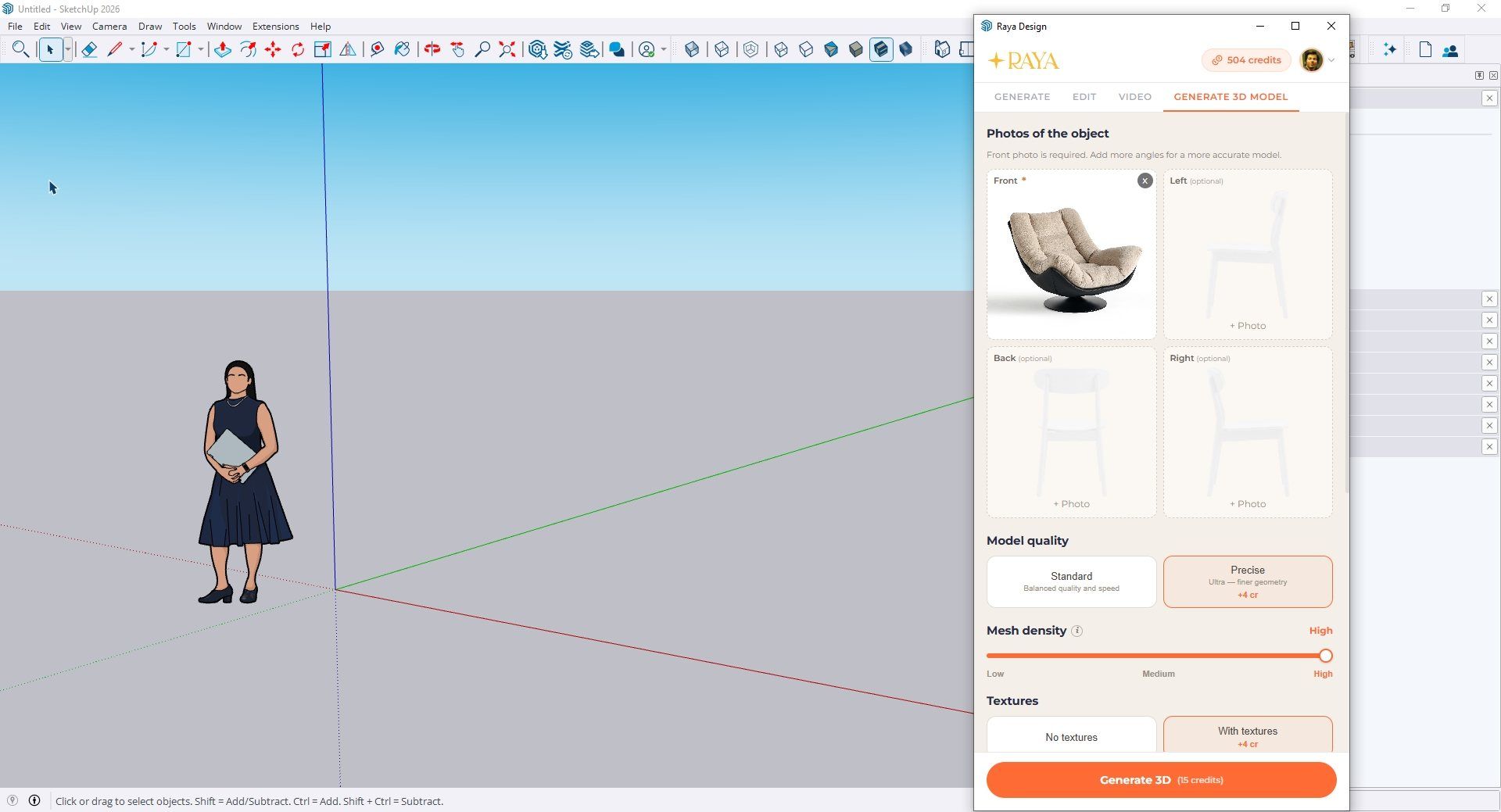 Cómo hacer un modelo 3D a partir de una foto en SketchUp paso a paso con IA - Interfaz del plugin Raya - Añadiendo fotos
