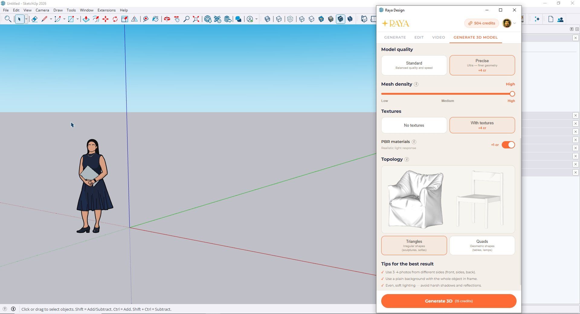 Cómo hacer un modelo 3D a partir de una foto en SketchUp paso a paso con IA - Interfaz del plugin Raya - Ajustes del generador de modelos 3D