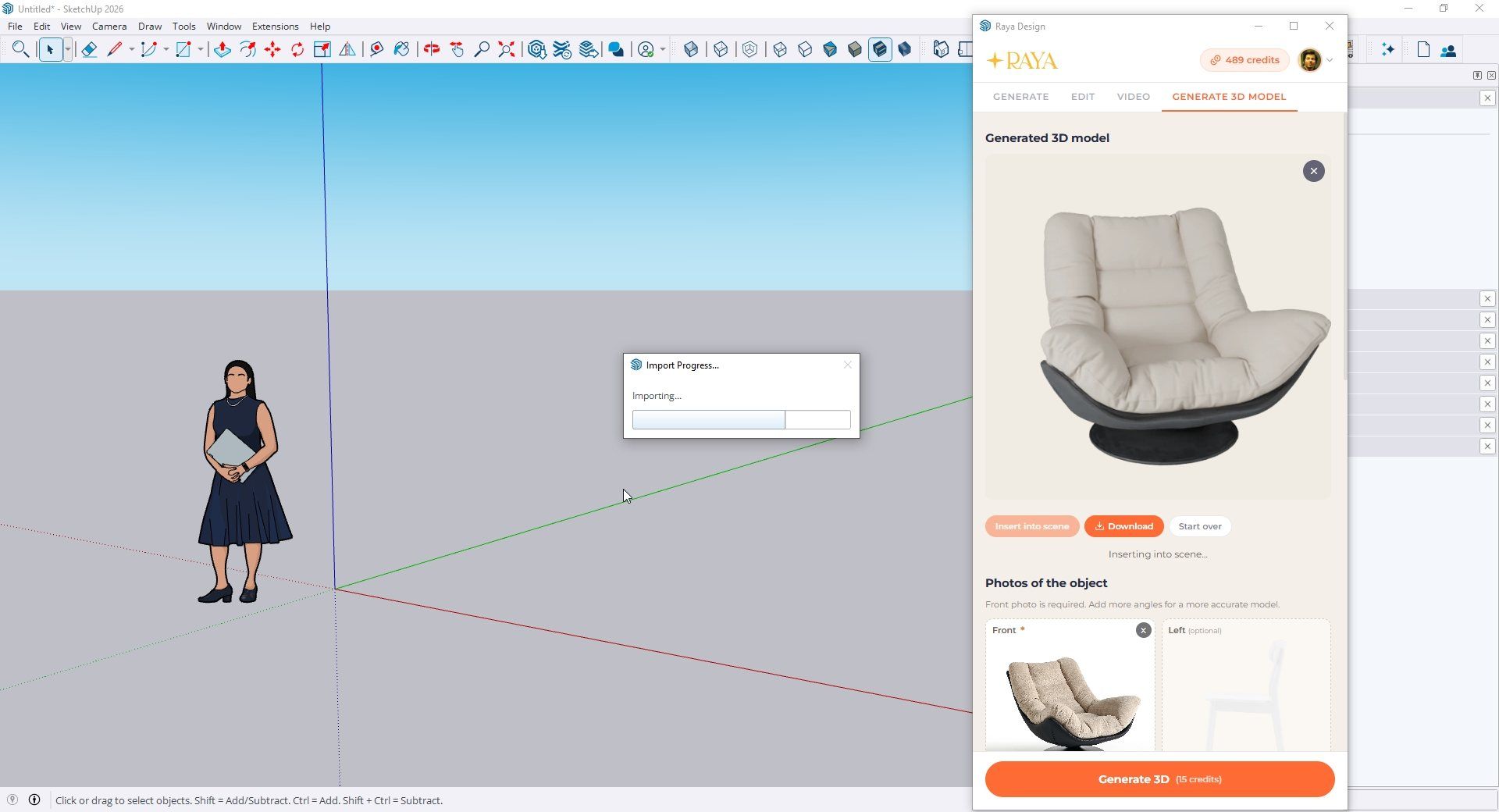 Cómo hacer un modelo 3D a partir de una foto en SketchUp paso a paso con IA - Interfaz del plugin Raya - Ejemplo de modelo 3D generado