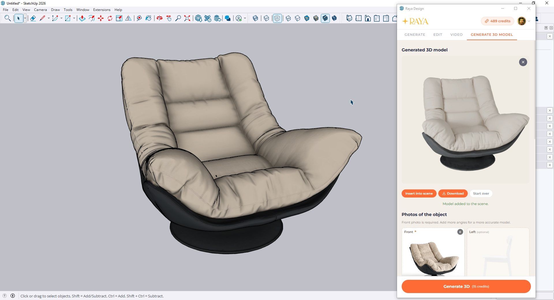 Cómo hacer un modelo 3D a partir de una foto en SketchUp paso a paso con IA - Interfaz del plugin Raya - Ejemplo de modelo