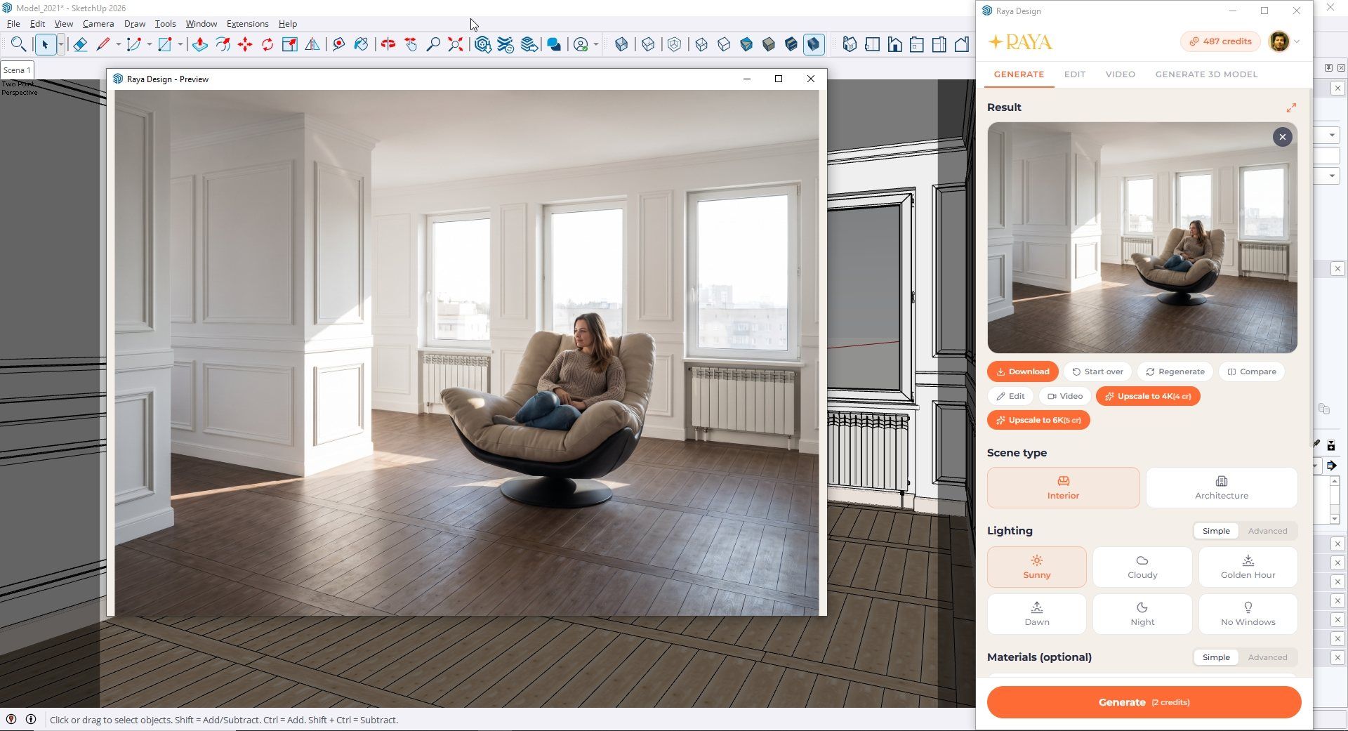 Cómo hacer un modelo 3D a partir de una foto en SketchUp paso a paso con IA - Interfaz del plugin Raya - Ejemplo de uso del modelo 3D generado
