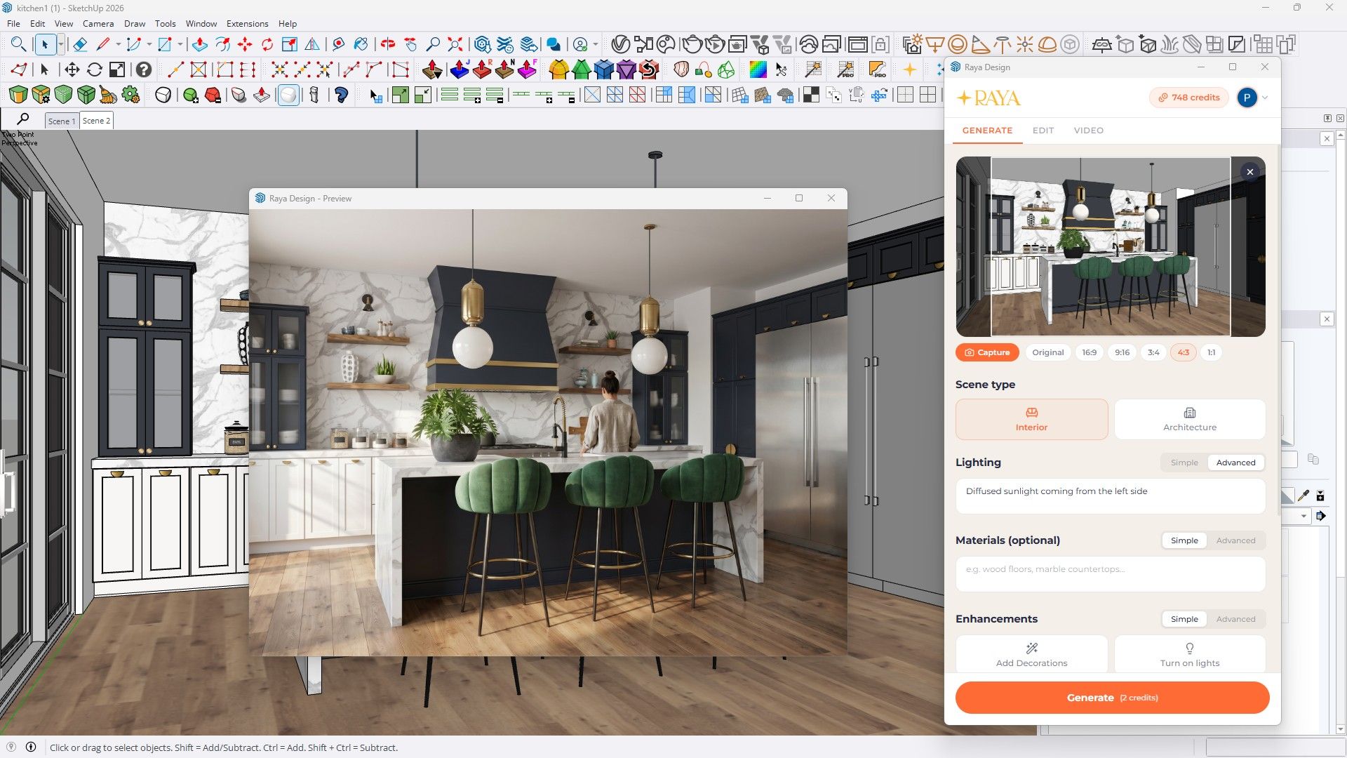 Raya.design - Visualizaciones IA en SketchUp - Plugin - Generar - Interfaz