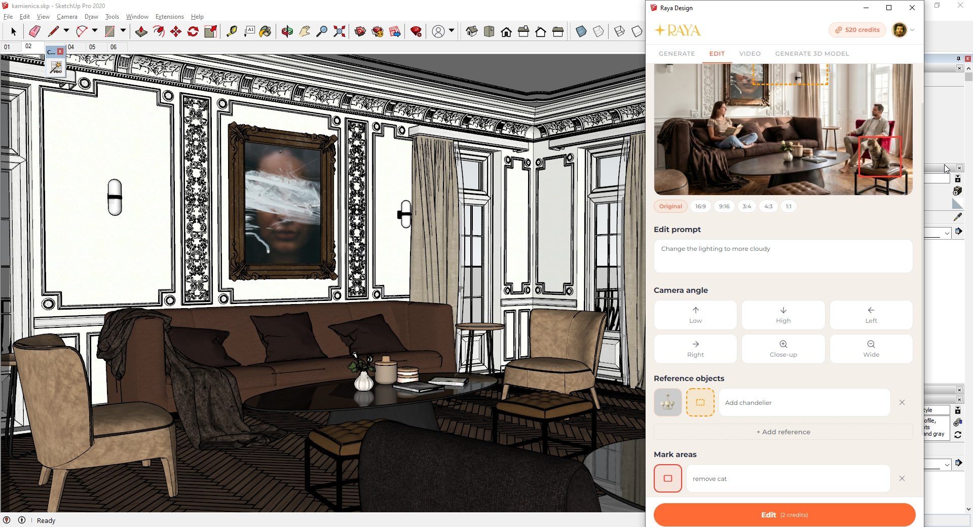 Raya.design - Visualizaciones IA en SketchUp - Plugin - Editar - Interfaz