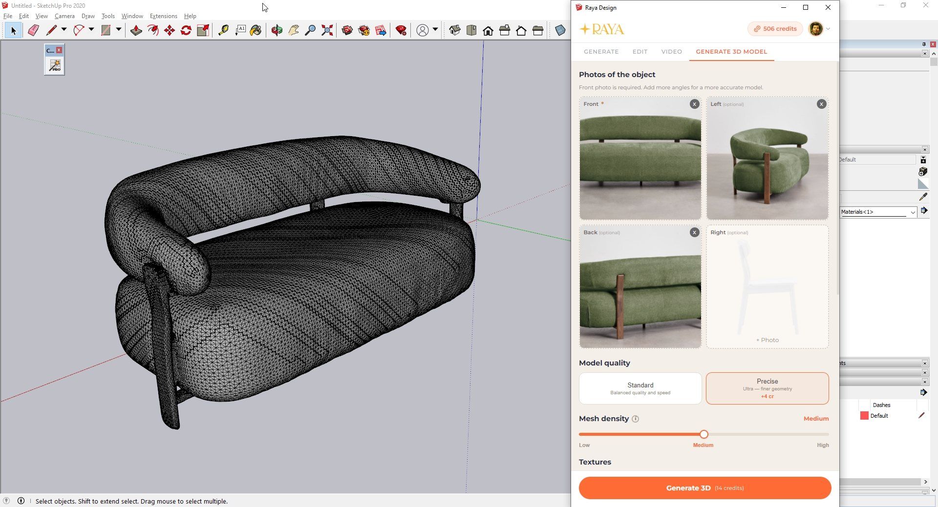 Raya.design - Visualizaciones IA en SketchUp - Plugin - Generación de modelos 3D - Interfaz