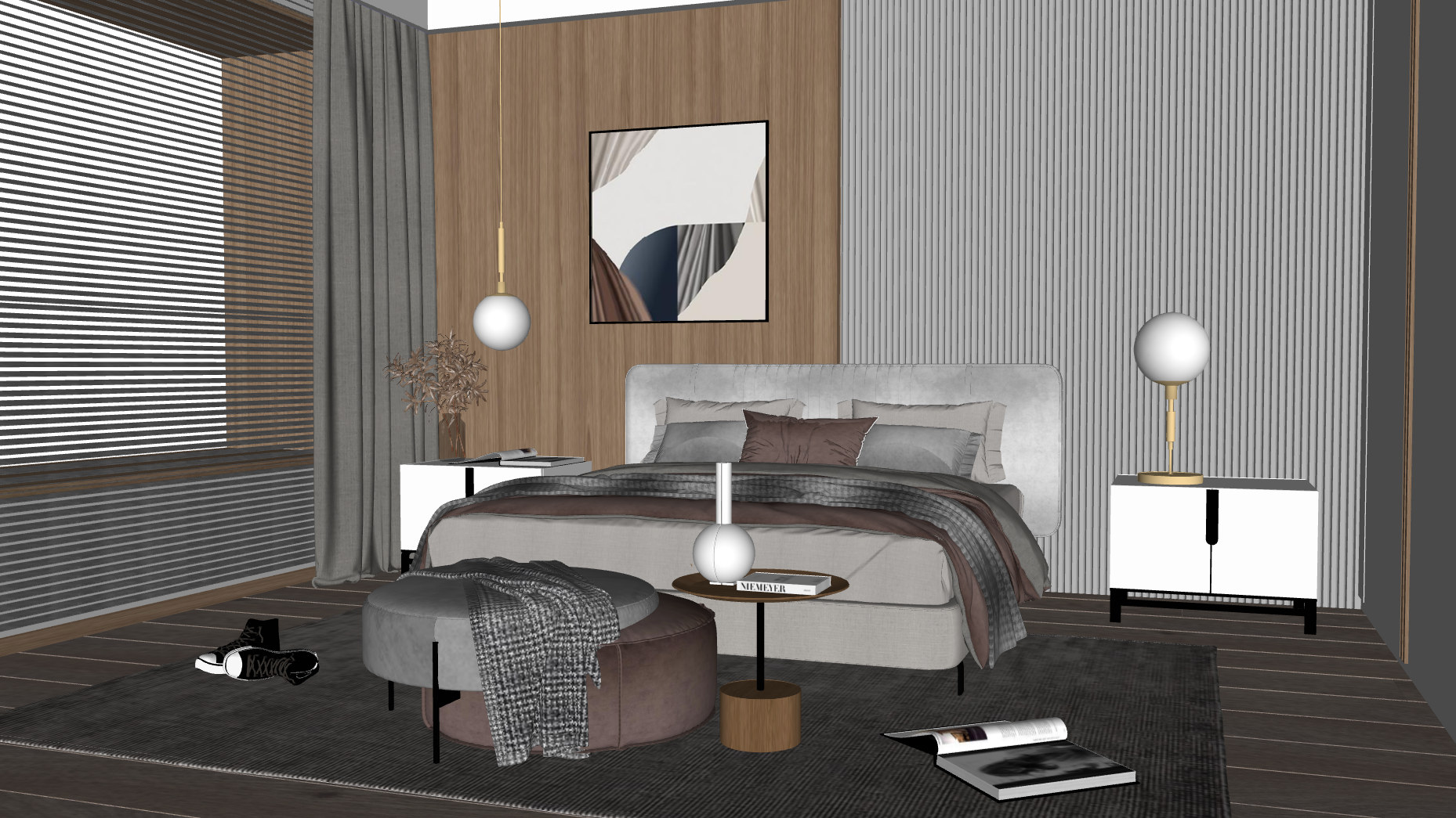 Widok modelu 3D sypialni wykonany w programie SketchUp