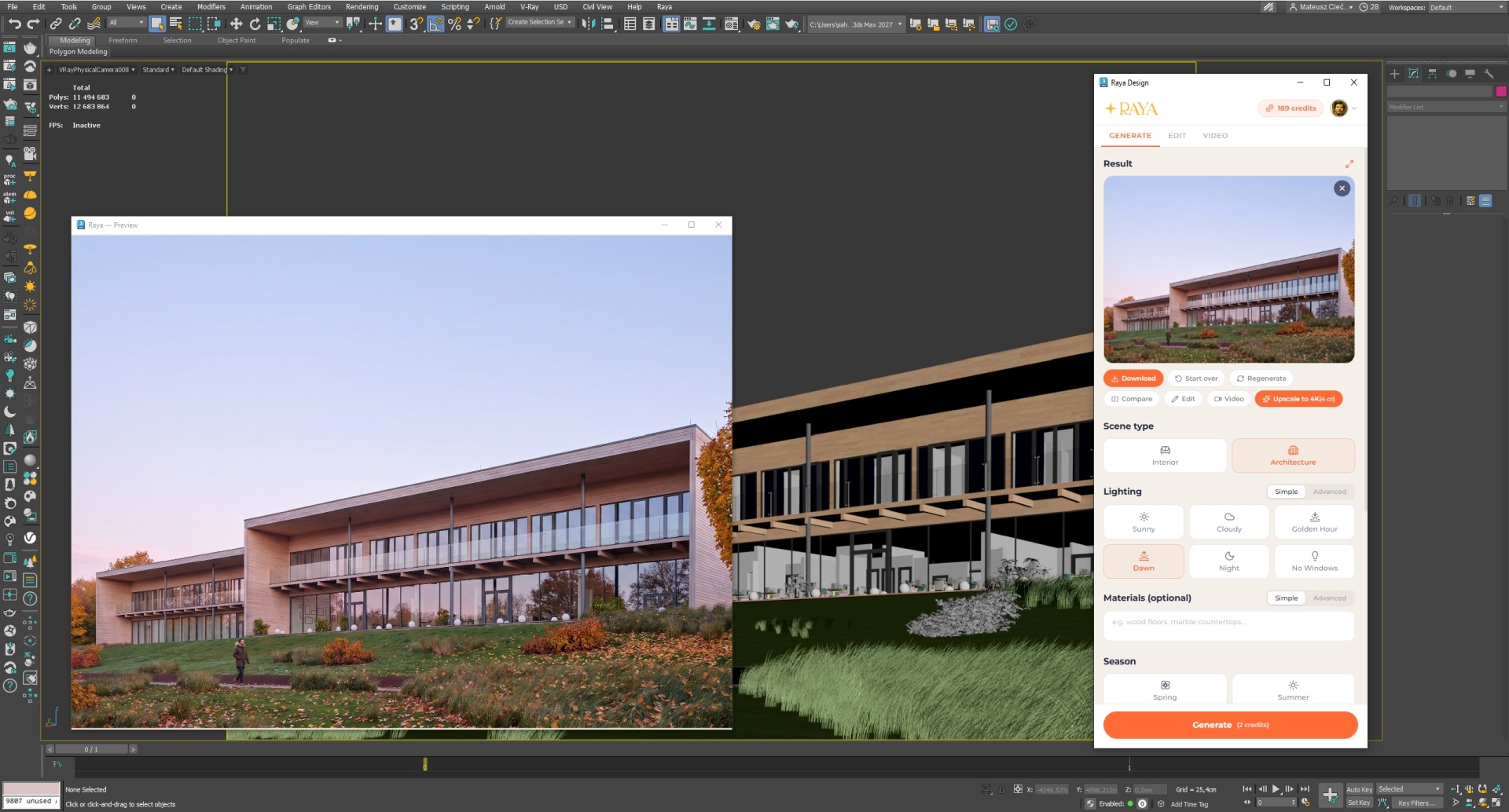 Wizualizacja AI nowoczesnego budynku o drewniano-szklanej elewacji o świcie, wygenerowana z modelu 3ds Max wtyczką Raya