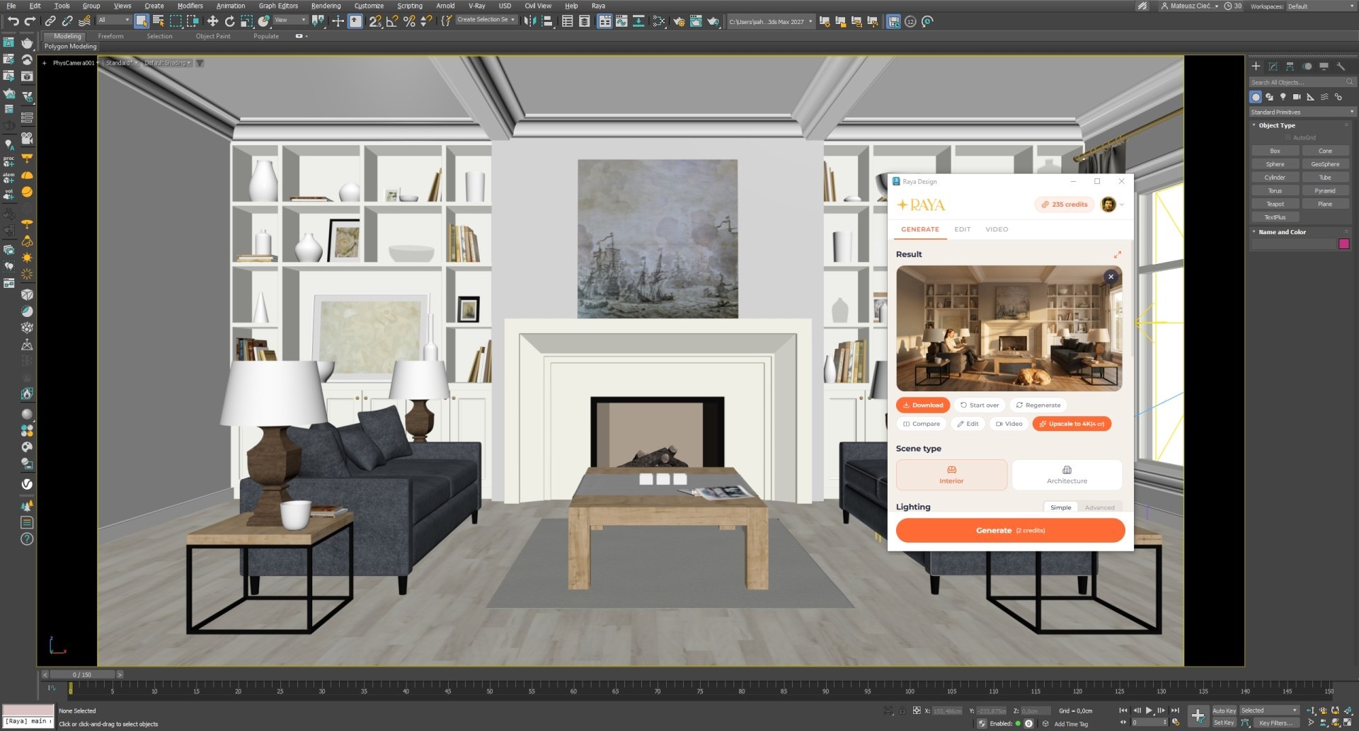 Przytulny salon z kominkiem w ciepłym świetle — render AI stworzony z projektu 3ds Max we wtyczce Raya