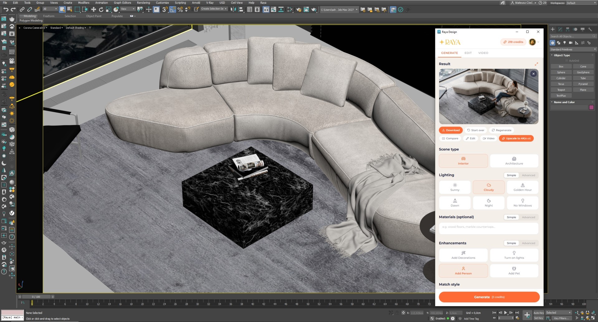 Fotorealistyczna wizualizacja AI nowoczesnego salonu z zaokrągloną sofą i marmurowym stolikiem, wygenerowana z modelu 3ds Max wtyczką Raya