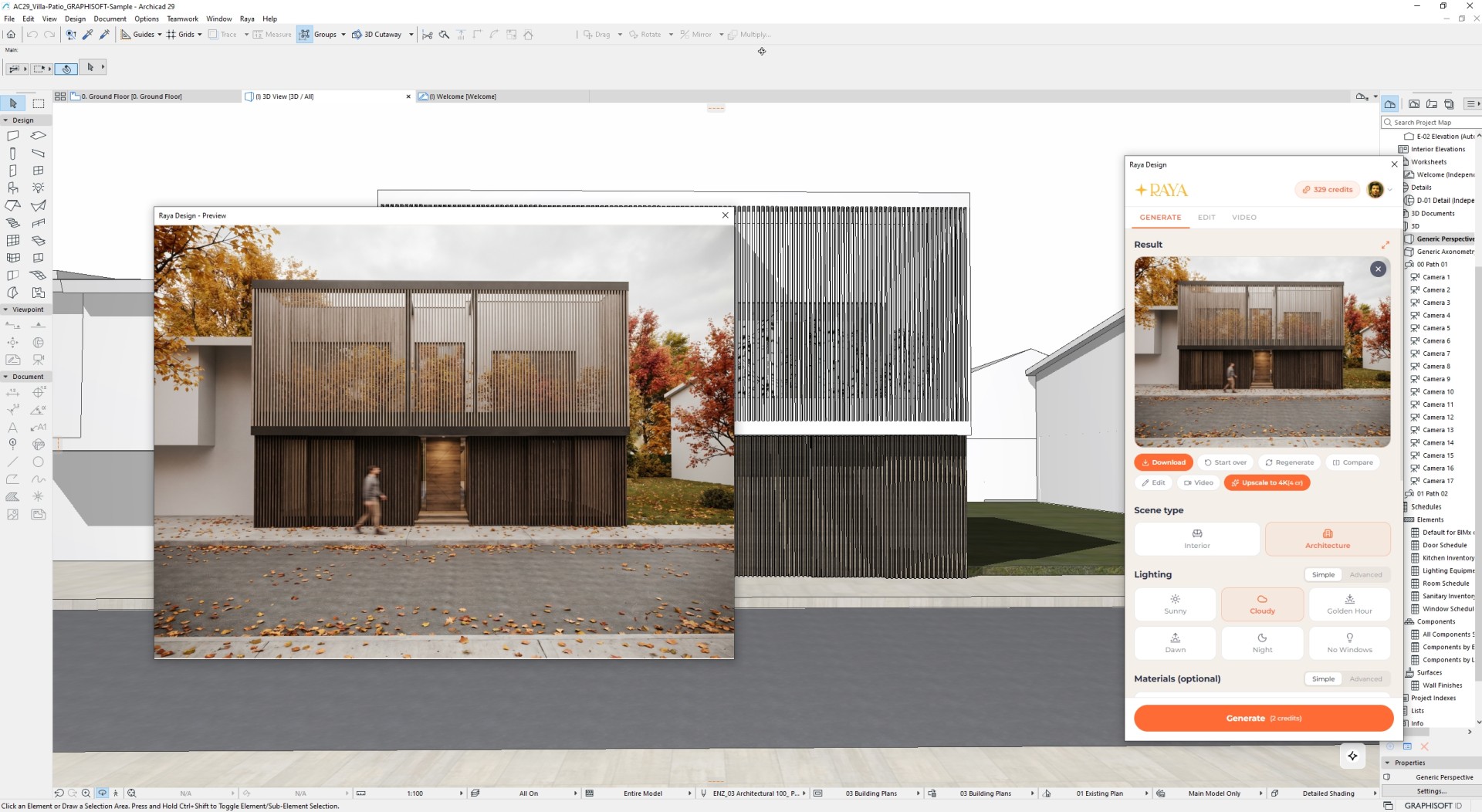 Fotorealistyczna wizualizacja AI willi z drewnianą elewacją z lameli w jesiennej scenerii, wygenerowana z modelu ArchiCAD wtyczką Raya