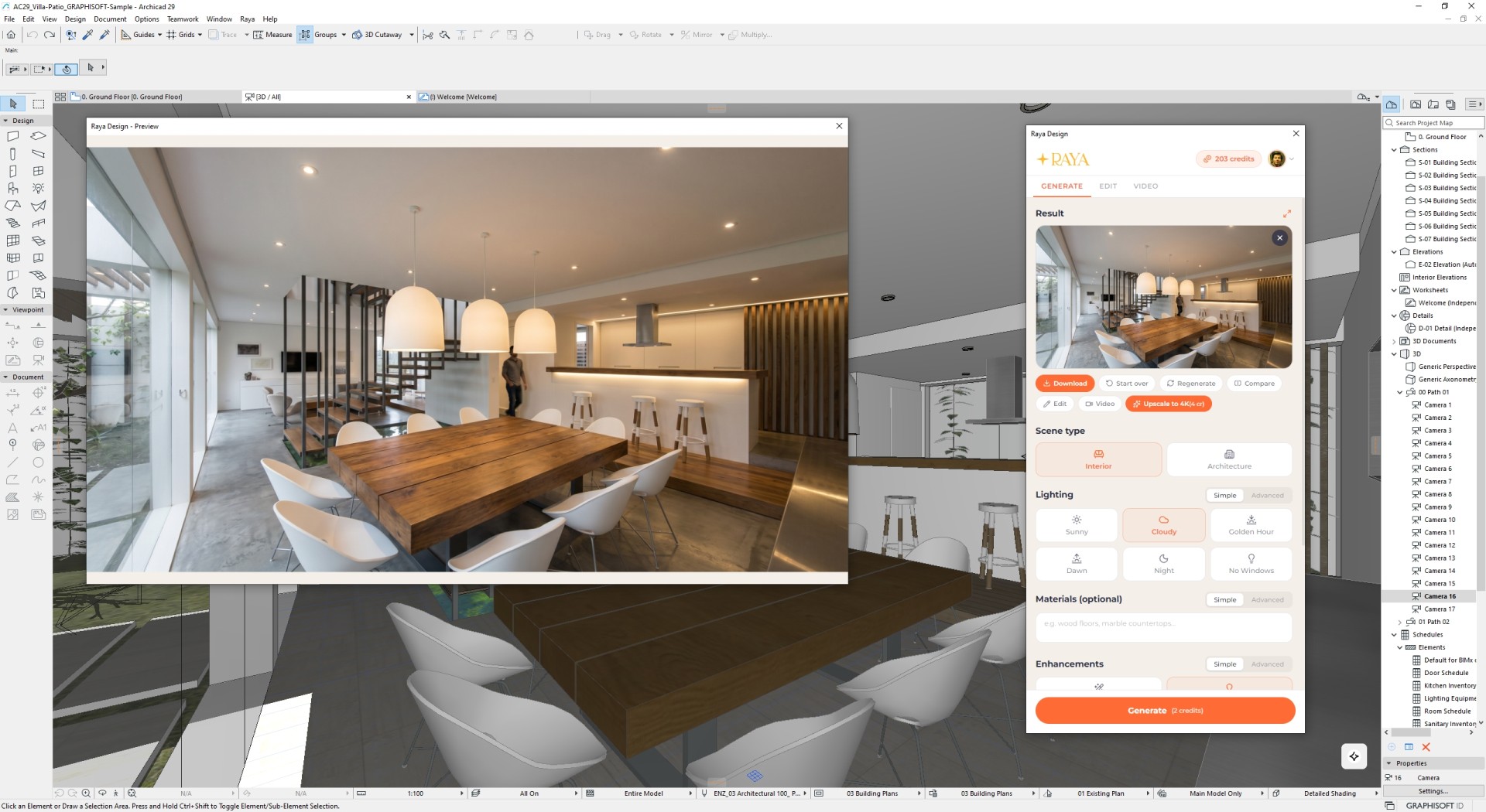 Render AI otwartej kuchni z jadalnią i drewnianym stołem, stworzony z projektu ArchiCAD we wtyczce Raya