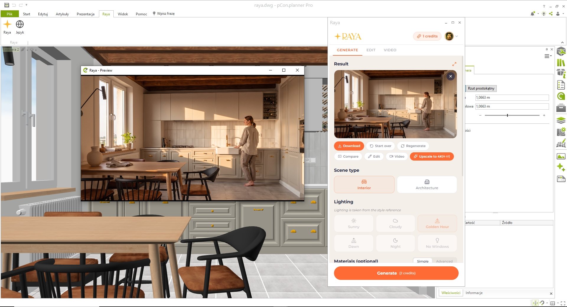 Wtyczka Raya w pCon.planner Pro: fotorealistyczna wizualizacja AI jasnej kuchni z jadalnią, wygenerowana z modelu 3D — panel Raya i powiększony podgląd.
