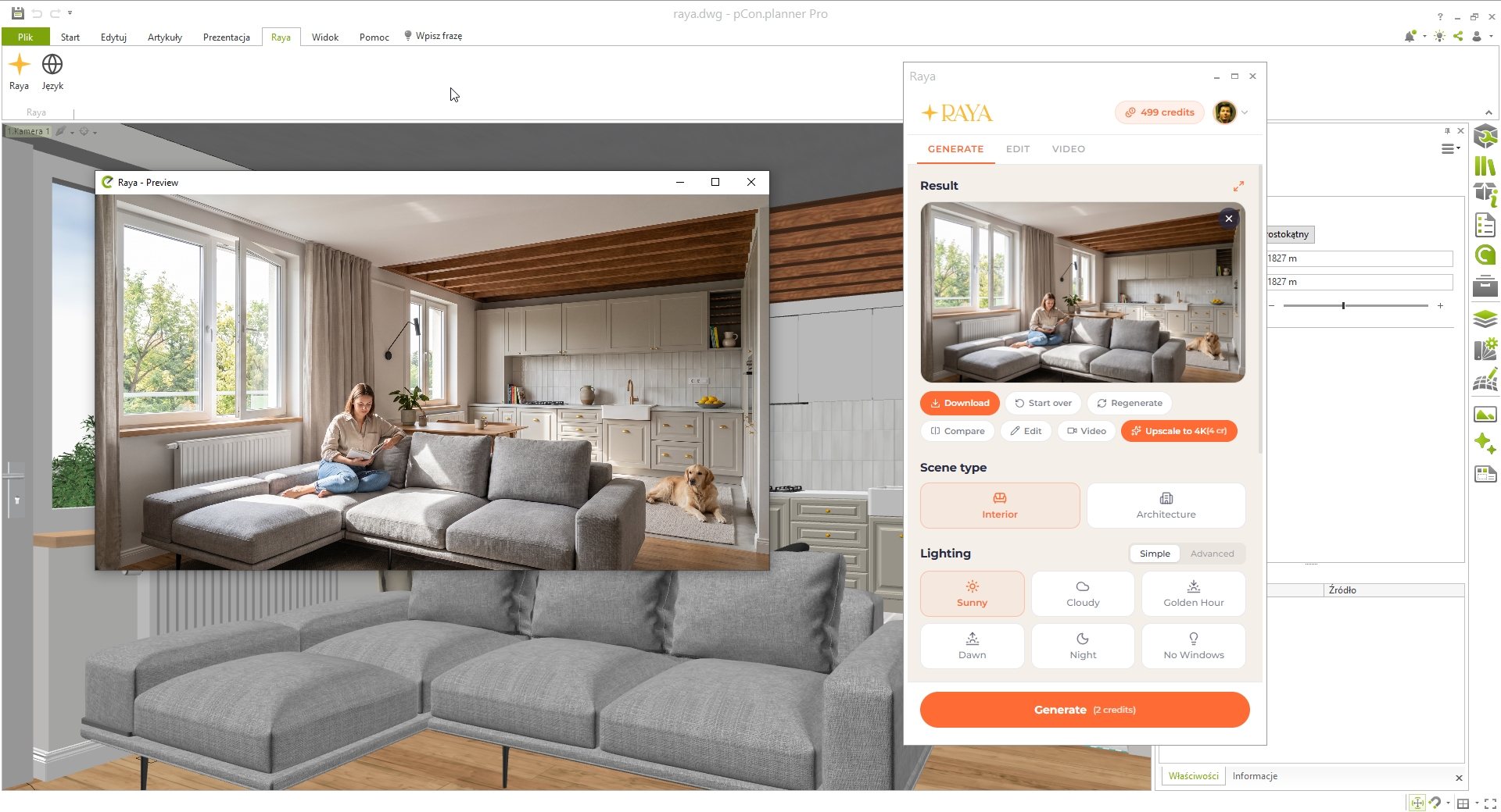 Wtyczka Raya w pCon.planner Pro: model 3D kuchni zamieniony w fotorealistyczną wizualizację AI w świetle złotej godziny — panel Raya z wynikiem i powiększony podgląd.