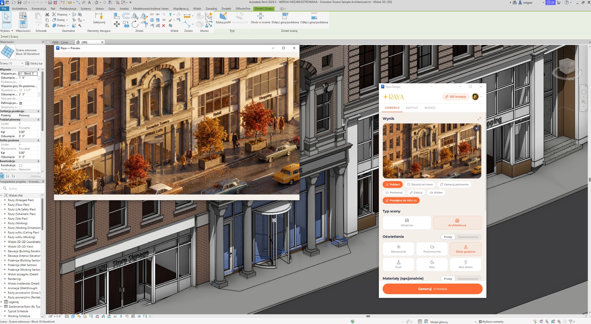 Fotorealistyczny render AI miejskiej ulicy zimą o świcie, stworzony z projektu Revit wtyczką Raya