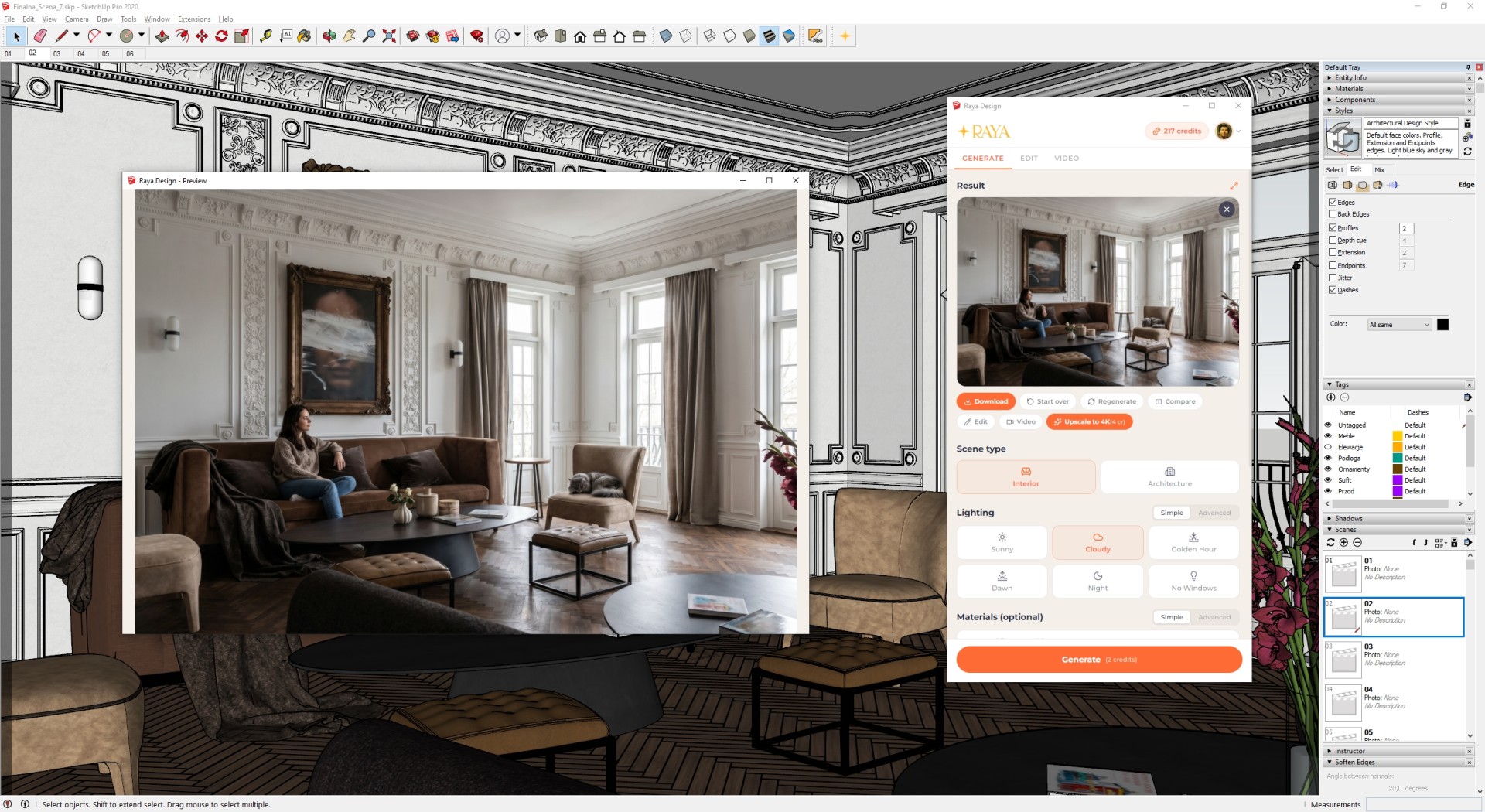 Wizualizacja AI klasycznego salonu w stylu paryskim ze sztukaterią, wygenerowana z modelu SketchUp wtyczką Raya