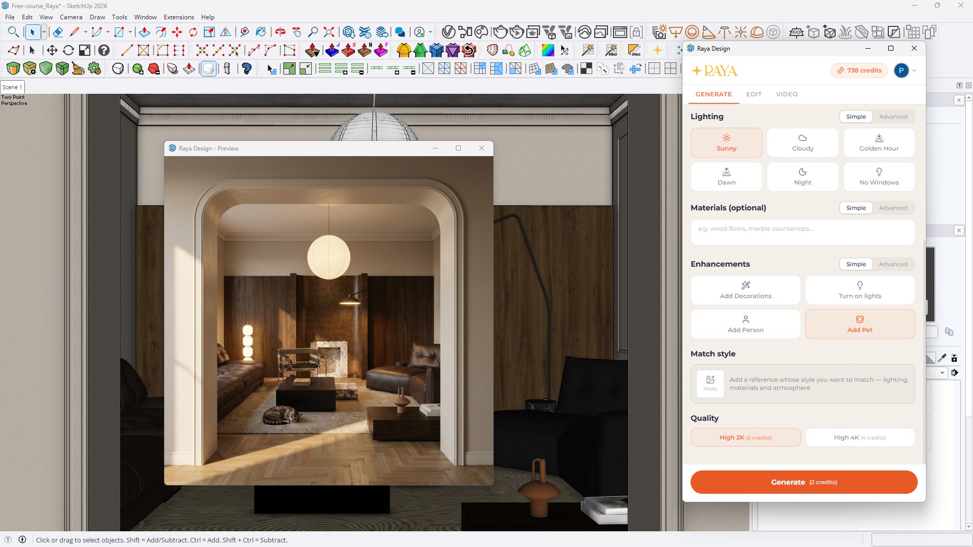 Fotorealistyczna wizualizacja AI ciepłego salonu z drewnianą boazerią widzianego przez łukowe przejście, z modelu SketchUp wtyczką Raya